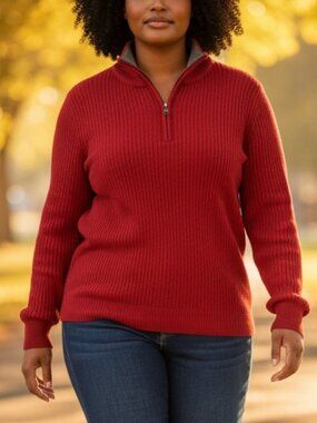 Izod Classic Red Half-Zip Pullover Sweater L Long Sleeve 100% Cotton Ribbed Knit